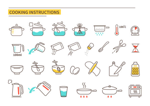 ilustraciones, imágenes clip art, dibujos animados e iconos de stock de instrucción de cocción - receta instrucciones