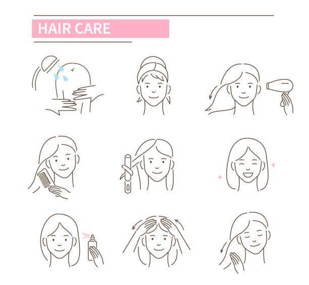 헤어 케어 - long hair hair care straight hair towel stock illustrations