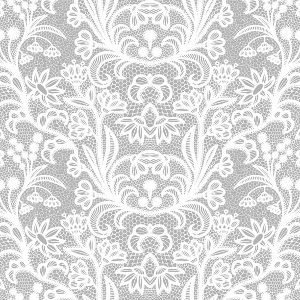 White vintage Lace seamless pattern with flowers - ilustração de arte vetorial