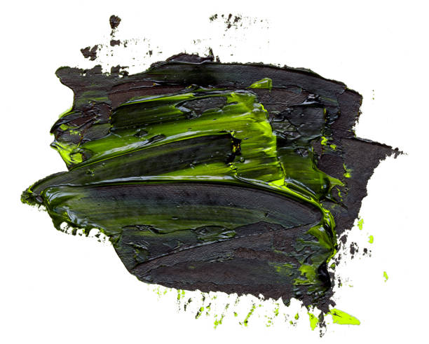 tratto pennello a olio nero e verde strutturato, isolato su sfondo bianco - oil painting brush stroke abstract green foto e immagini stock
