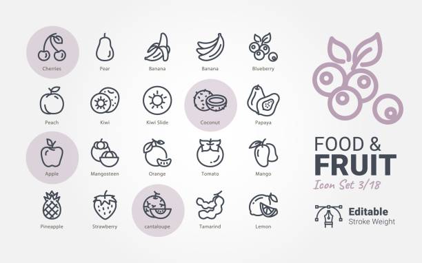 иконки пищевой и фруктовой векторной - vector pear peach fruit stock illustrations