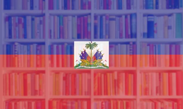 haiti flag with full book shelves background - library book shelf generic imagens e fotografias de stock