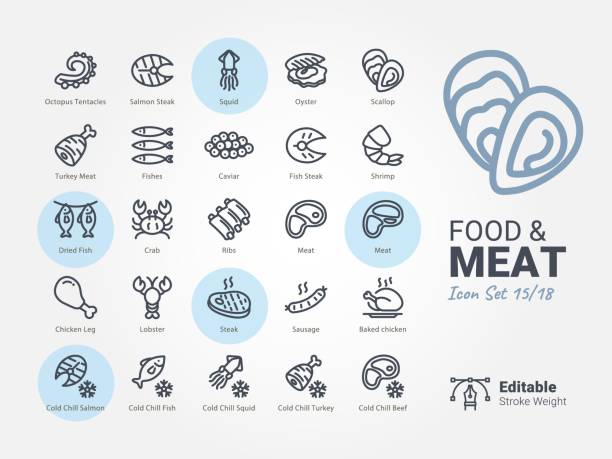 ikona aplikacji food & meat vector - prepared fish stock illustrations