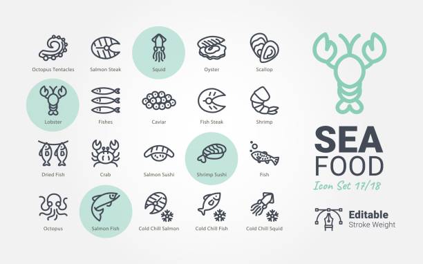 해산물 벡터 아이콘 - lobster seafood prepared shellfish crustacean stock illustrations