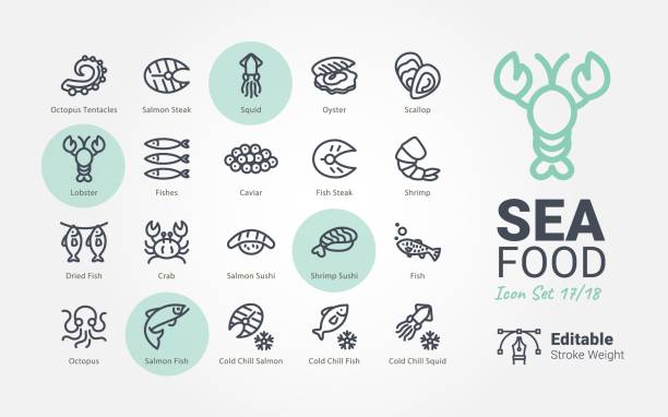 ilustrações de stock, clip art, desenhos animados e ícones de seafood vector icons - lobster seafood prepared shellfish crustacean