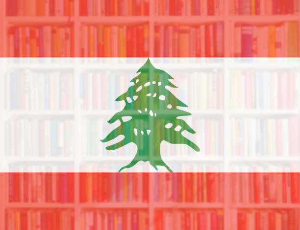 lebanon flag with full book shelves background - library book shelf generic imagens e fotografias de stock