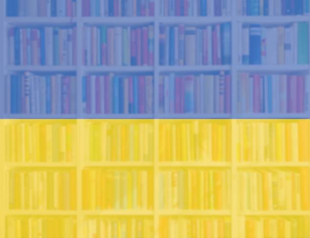 ukraine flag with full book shelves background - library book shelf generic imagens e fotografias de stock