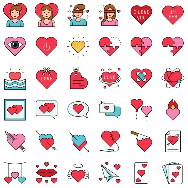 Vector illustration of Valentine and love related filled outline vector icon set