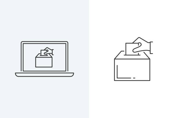 Vector illustration of a hand putting a voting paper in the election box. Online voting Vector illustration of a hand putting a voting paper in the election box. Online voting voting ballot box voting ballot polling place stock illustrations