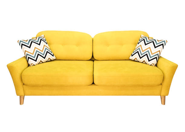 green lemon yellow sofa with pillow. soft lemon couch. modern divan on isolated background - pillow cushion embroidery homewares imagens e fotografias de stock