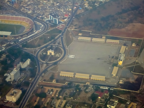 Aerial View of Independence Square, Independence Arch and Accra Sports Stadium of Accra, Ghana.