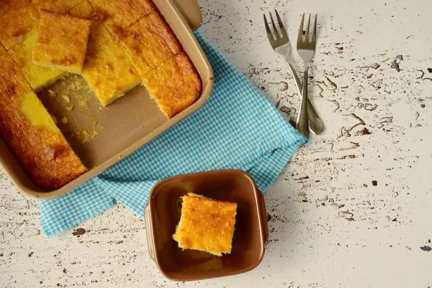 Homemade baked coconut cassava cake, top view