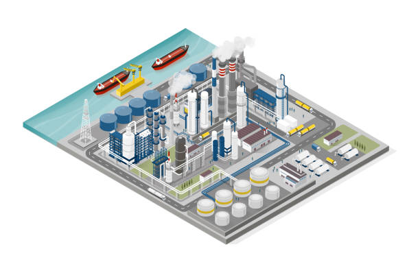 Oil and gas industry and production process infographic Oil and gas industry and production process infographic: isometric refinery, pipeline and people working refinery stock illustrations