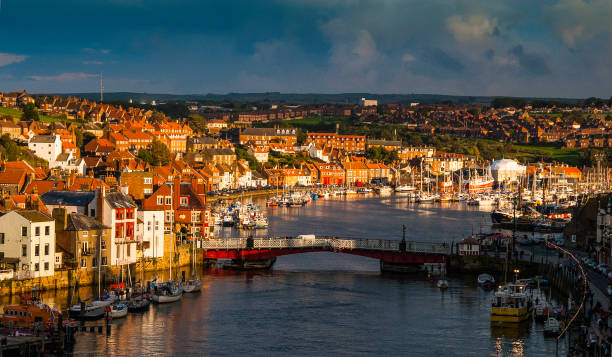 Whitby north Yorkshire pier lighthouse and abbey church