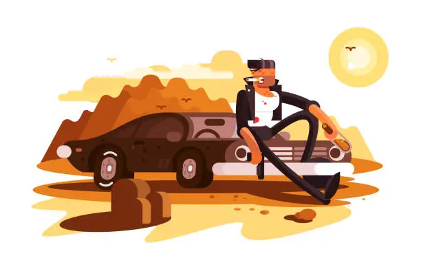 Vector illustration of Cool tough guy sitting on car and smoking