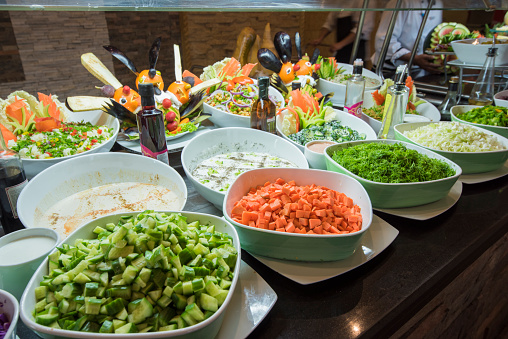 Selection display of salad food at a luxury restaurant buffet bar area