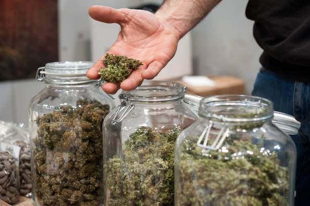 Glass jar full of Cannabis Sativa Glass jar full of Cannabis Sativa for sale at a market stall. legalization stock pictures, royalty-free photos & images