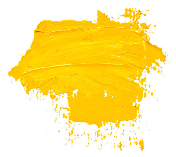 trazo de pincel pintura aceite amarillo, aislado sobre fondo blanco - amarillo color fotografías e imágenes de stock