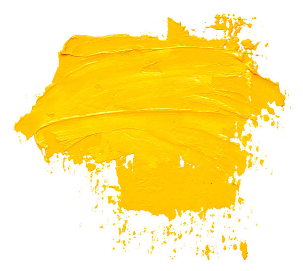 tratto pennello a olio giallo testurato, isolato su sfondo bianco - acrylic painting foto e immagini stock