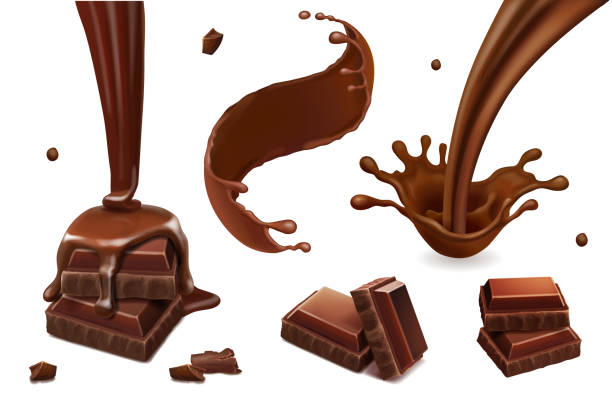 satz von vektor-spritzer und tropfen geschmolzener dunkler schokolade. kaffee, kakao, flüssige heiße schokolade fließen abbildung. - schokolade stock-grafiken, -clipart, -cartoons und -symbole