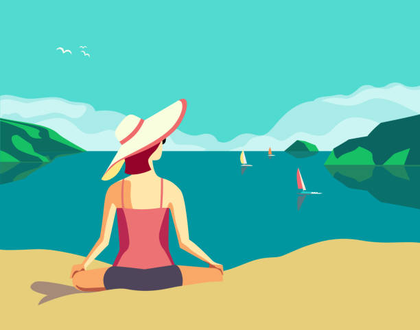 Best summer holidays relax Summer seaside landscape. Nature scenic view poster. Hand drawn retro color cartoon. Girl relaxing on holiday vacation season. Sea travel leisure relax. Vector tourist trip advertisement background lake illustrations stock illustrations