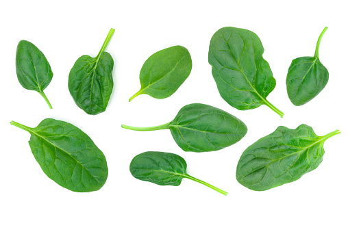 Group of spinach leaves isolated on white background in close-up