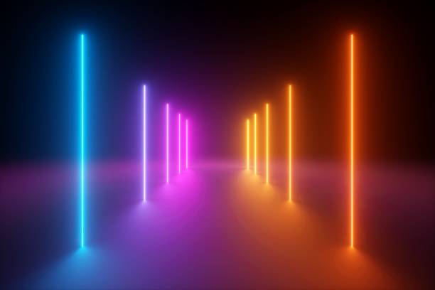 istock 3d render, yellow pink blue neon light, abstract ultraviolet background, vertical glowing lines, psychedelic vibrant colors, show stage, tunnel, corridor, night club interior 1126465677
