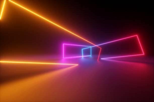 istock 3d rendering, yellow red blue neon light, abstract ultraviolet background, dynamic glowing lines, psychedelic stage, vibrant colors, night club interior 1126466322