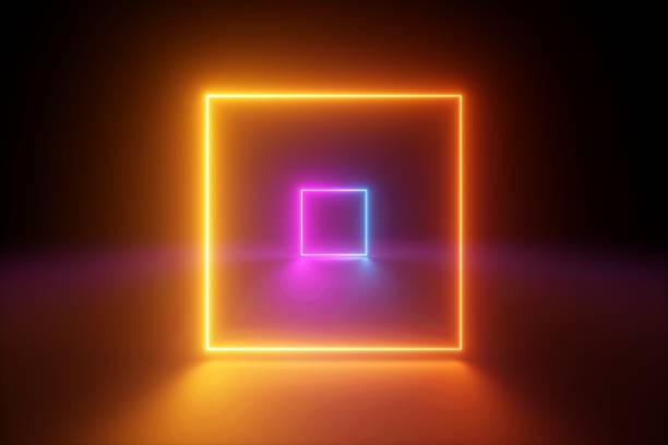 istock 3d rendering, blank square frames, yellow pink blue neon light, abstract ultraviolet background, glowing lines, vibrant colors, virtual windows, tunnel, corridor, night club interior, fashion podium 1126466417