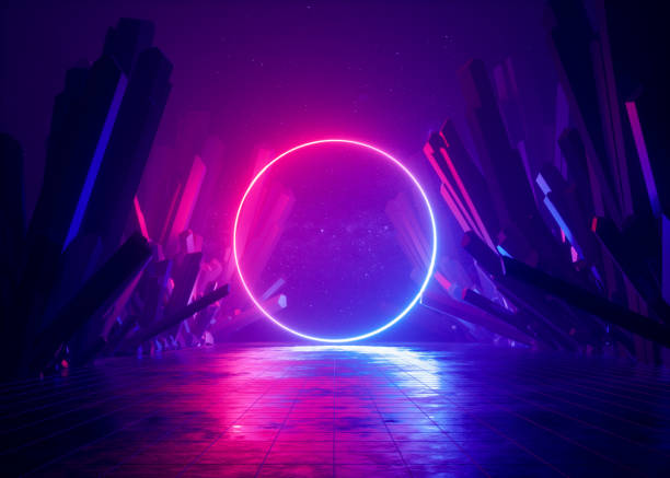 3d render, abstract background, cosmic landscape, round portal, pink blue neon light, virtual reality, energy source, glowing round frame, dark space, ultraviolet spectrum, laser ring, rocks, ground 3d render, abstract background, cosmic landscape, round portal, pink blue neon light, virtual reality, energy source, glowing round frame, dark space, ultraviolet spectrum, laser ring, rocks, ground negative space illusion stock pictures, royalty-free photos & images