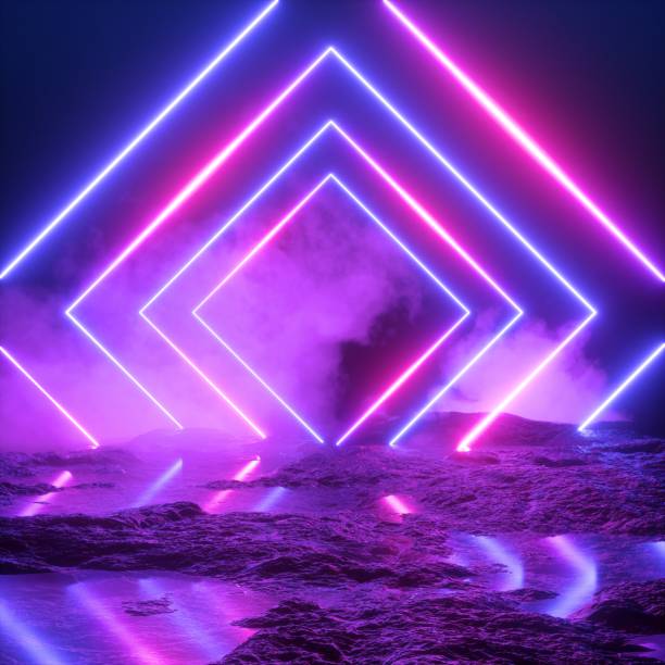 istock 3d render, abstract ultraviolet background, neon light, cosmic landscape, square portal, pink blue lines, virtual reality, energy source, blank space, laser show, smoke, fog, ground 1126466502