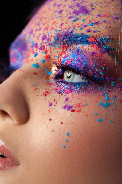 istock explosion of color, multi-colored shadows scattered on the eyelids. Colored Smokey eyes and blue eyebrows. 1126469022