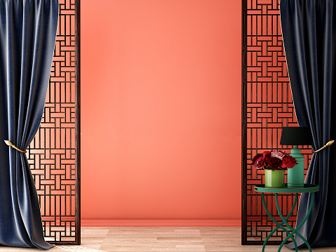Interior design ,Chinese style for living area in luxury house or hotel with ancient Chinese style furniture and perforated wood door ,3d illustration,3d rendering,3d model