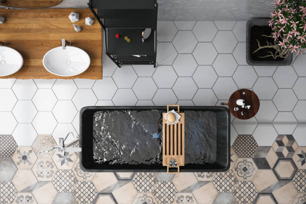 modern bathroom above view - ceramic tiles imagens e fotografias de stock