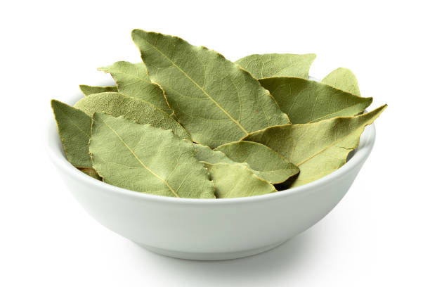 istock Dried bay leaves in white ceramic bowl isolated on white. 1126474256