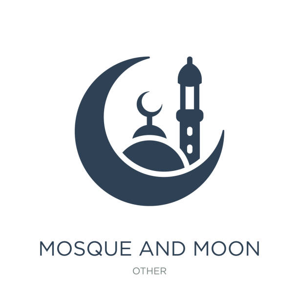 흰색 배경, 사원 및 달에 모스크와 달 아이콘 벡터 - islam mosque moon crescent stock illustrations