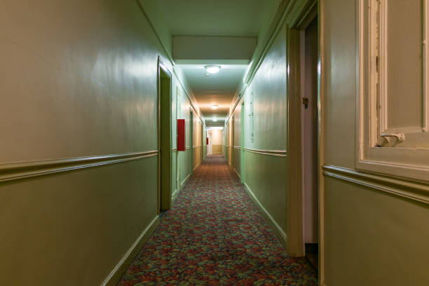 pasillo largo oscuro y escalofriante en un viejo edificio americano - spooky corridor horror entrance hall fotografías e imágenes de stock