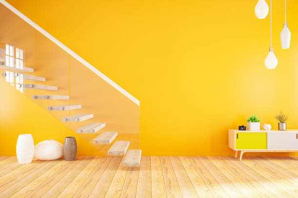 vacío interior naranja modernas con escaleras - orange wall fotografías e imágenes de stock
