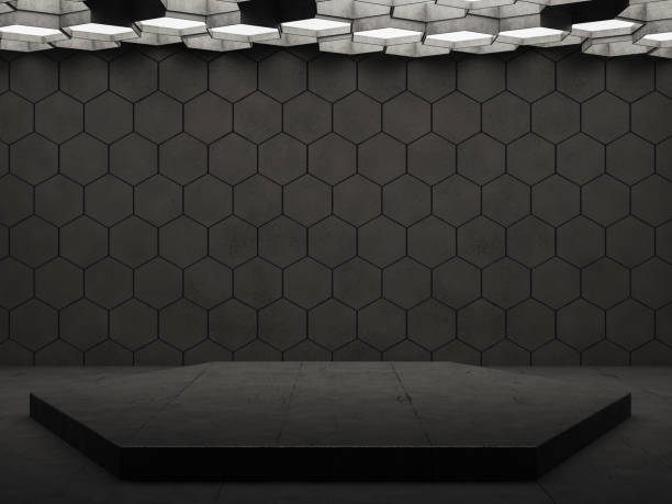 pared vacía de geométrico negro hexagonal - hexagon tile pattern black fotografías e imágenes de stock