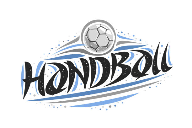 Vector poster for Handball Vector poster for Handball, outline illustration of throwing ball in goal, original decorative brush typeface for word handball, abstract simplistic cartoon sports banner with lines and dots on white. team handball stock illustrations