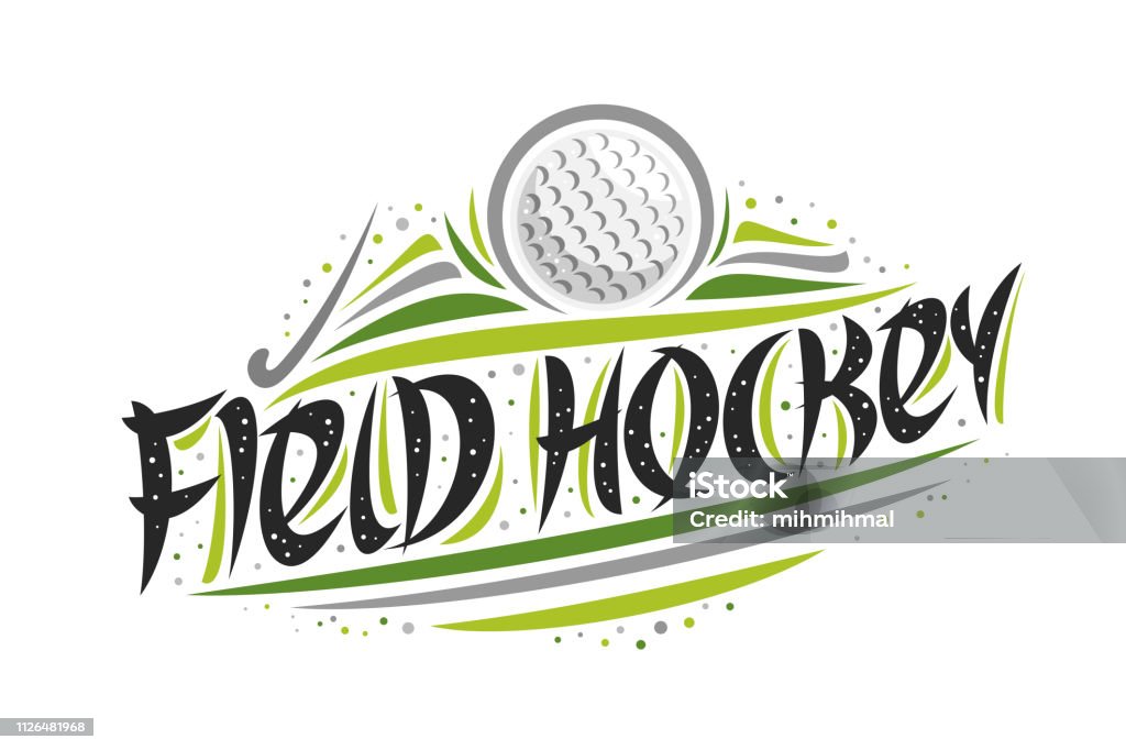 Vector poster for Field Hockey Vector poster for Field Hockey, outline illustration of hitting ball in goal, original decorative brush typeface for words field hockey, simplistic cartoon sports banner with lines and dots on white. Abstract stock vector
