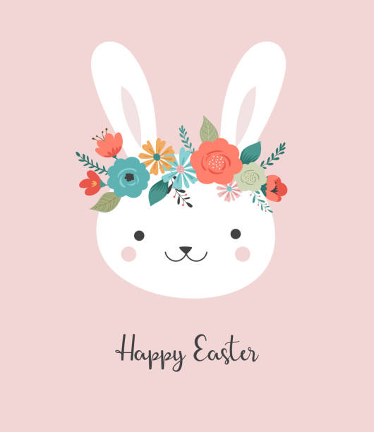 ilustrações de stock, clip art, desenhos animados e ícones de happy easter card - cute bunny with flower crown, vector illustration - easter egg pastel colored text easter