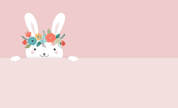 ilustrações de stock, clip art, desenhos animados e ícones de happy easter card - cute bunny with flower crown, vector illustration - easter egg pastel colored text easter