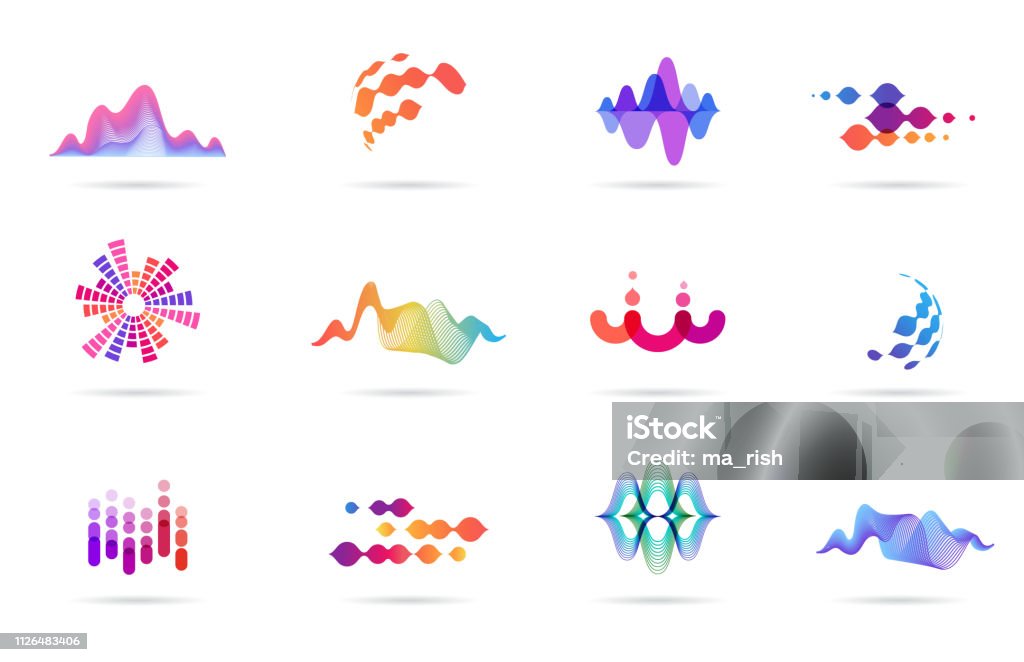 Звуковая волна, музыка, логотип производства и  коллекция символов, иконки дизайна - Векторная графика Логотип роялти-фри