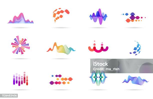 Звуковая Волна Музыка Логотип Производства И Коллекция Символов Иконки Дизайна — стоковая векторная графика и другие изображения на тему Логотип