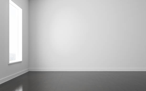 istock 3D stimulate of white empty room and dark laminate floor with sun light cast shadow on the wall,Perspective of minimal design architecture 1126483569