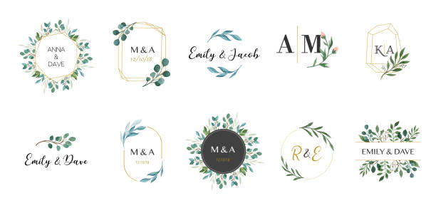 ilustrações de stock, clip art, desenhos animados e ícones de wedding logos, hand drawn elegant, delicate monogram collection - padrão floral