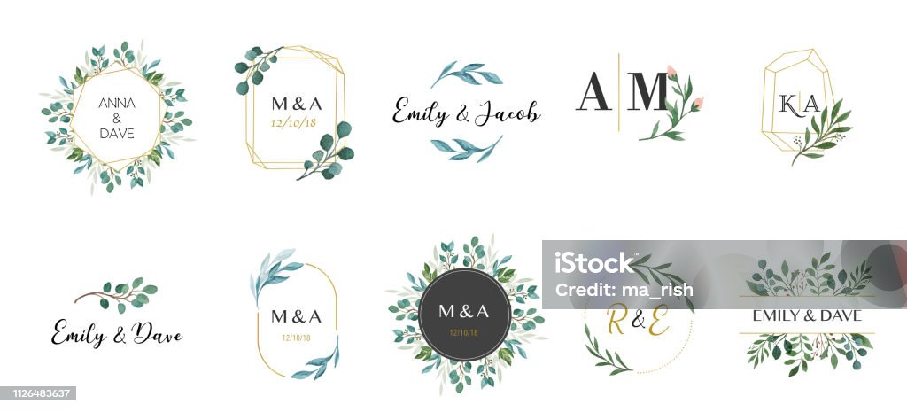 Wedding logos, hand drawn elegant, delicate monogram collection Flower stock vector