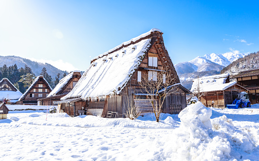Shirakawago village with white snow in Japan