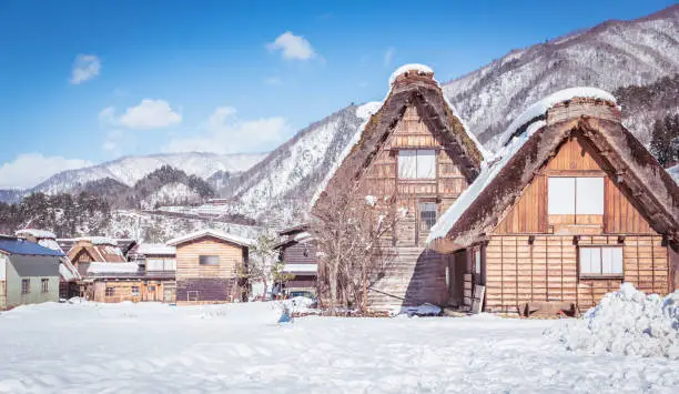 Shirakawago village with white snow in Japan